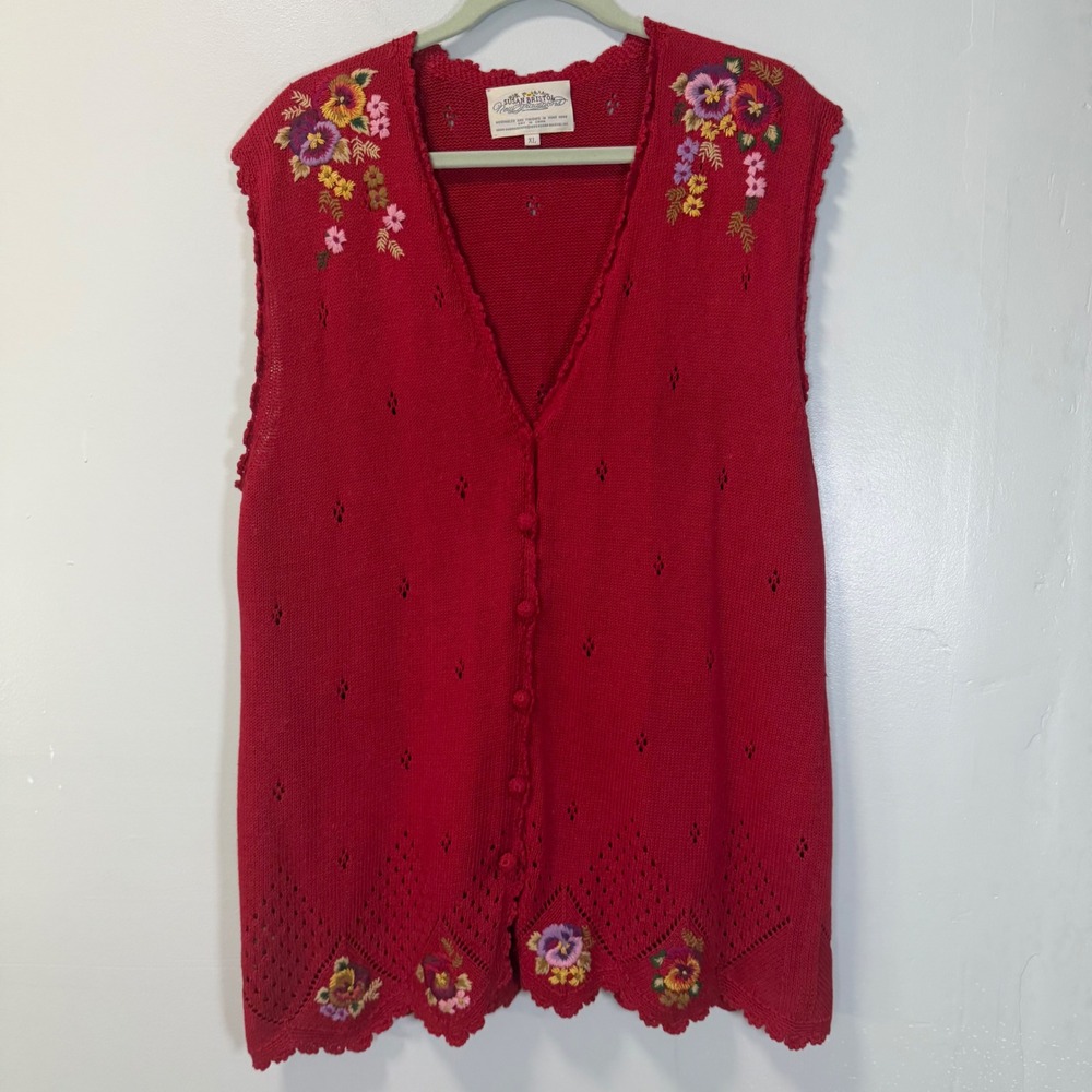 Susan Bristol Vintage 90s Red Floral Hand Embroidered Knit Vest XL Grannycore